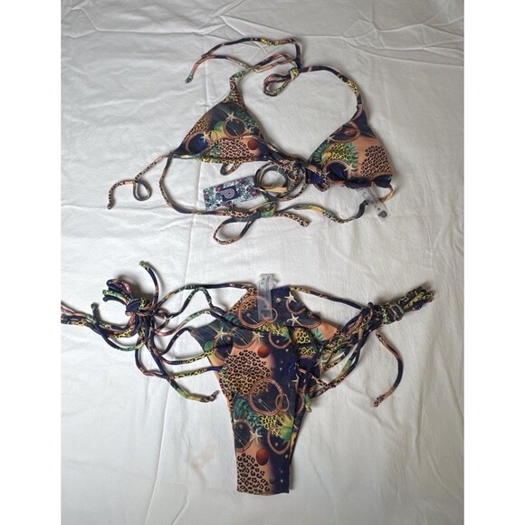 Sexy Skimpy Bikini Set Sz M -NWT Strappy Jungle Planet Leopard Psychedelic Print - Picture 1 of 9